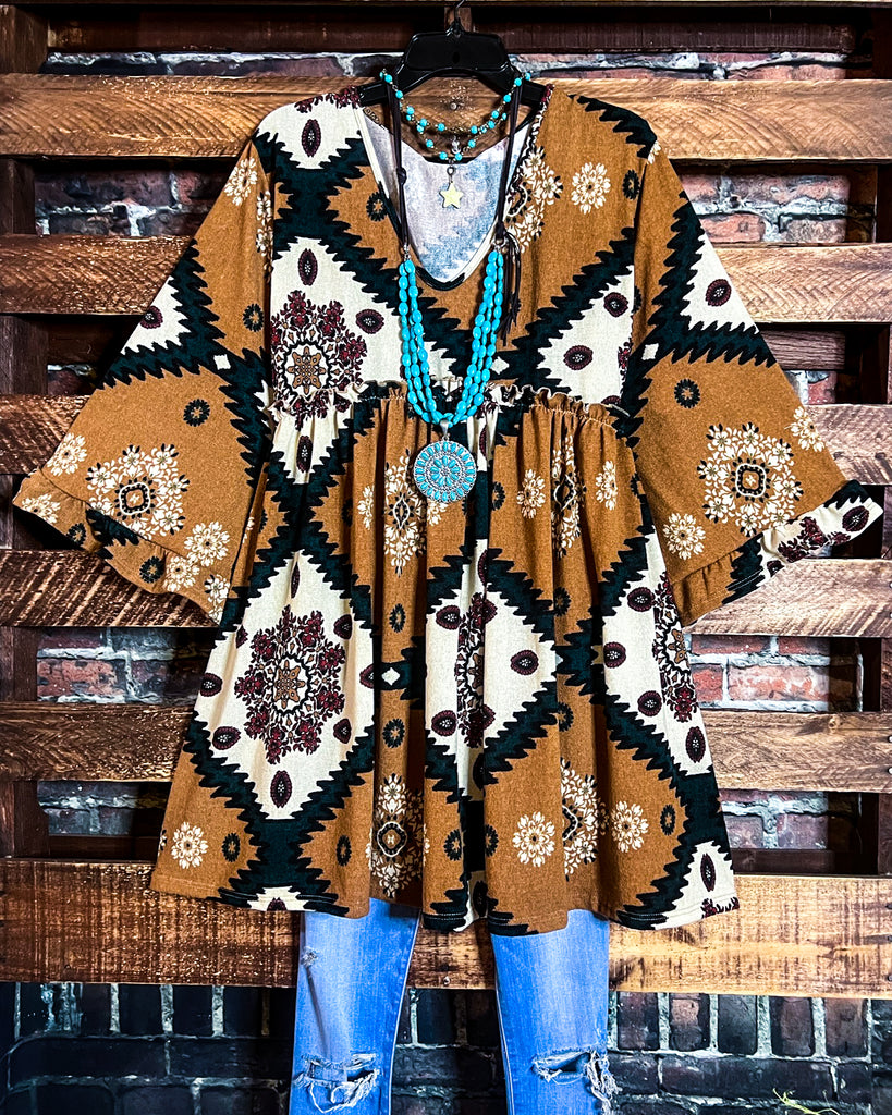 GENUINE SOUL COUNTRY AZTEC PRINT OVERSIZED TUNIC DRESS IN CAMEL