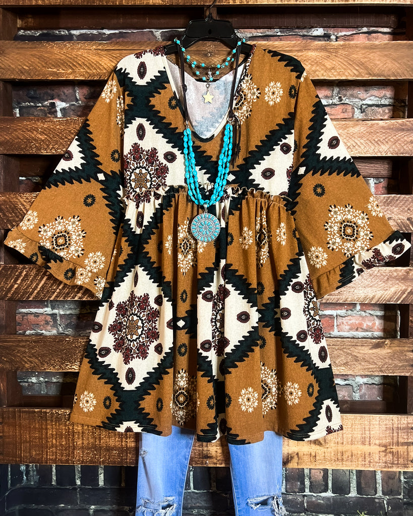 GENUINE SOUL COUNTRY AZTEC PRINT OVERSIZED TUNIC DRESS IN CAMEL