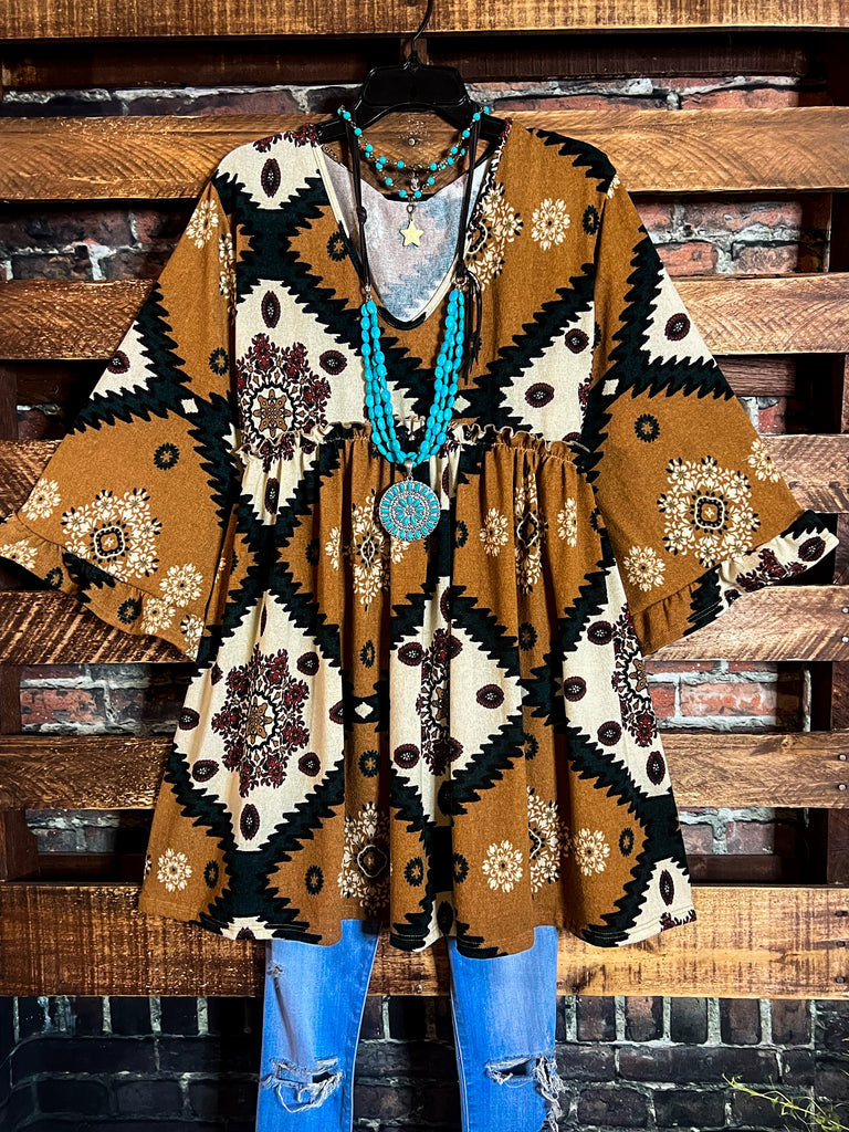 GENUINE SOUL COUNTRY AZTEC PRINT OVERSIZED TUNIC DRESS IN CAMEL