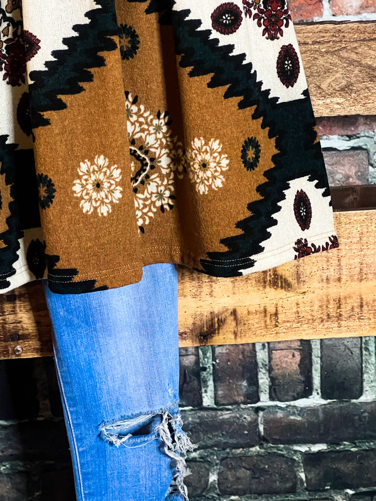 GENUINE SOUL COUNTRY AZTEC PRINT OVERSIZED TUNIC DRESS IN CAMEL