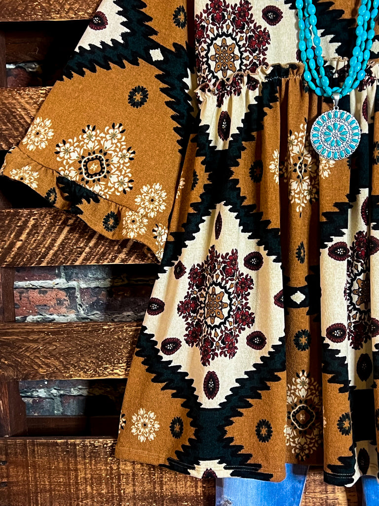 GENUINE SOUL COUNTRY AZTEC PRINT OVERSIZED TUNIC DRESS IN CAMEL