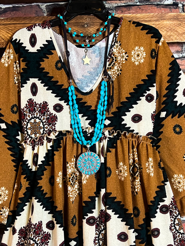 GENUINE SOUL COUNTRY AZTEC PRINT OVERSIZED TUNIC DRESS IN CAMEL