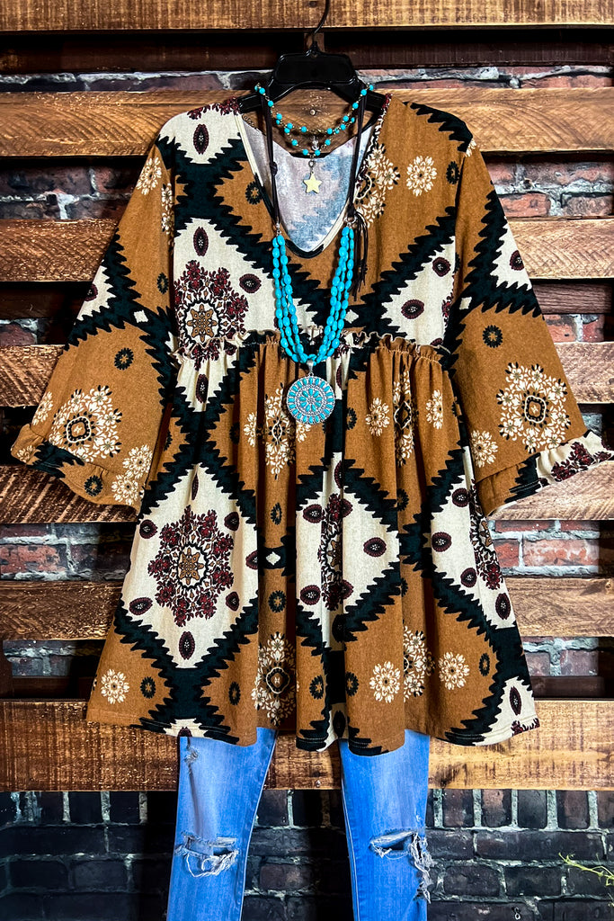GENUINE SOUL COUNTRY AZTEC PRINT OVERSIZED TUNIC DRESS IN CAMEL