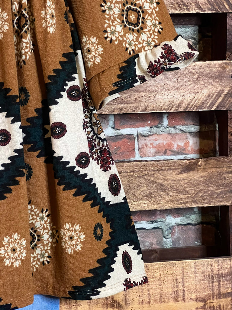 GENUINE SOUL COUNTRY AZTEC PRINT OVERSIZED TUNIC DRESS IN CAMEL