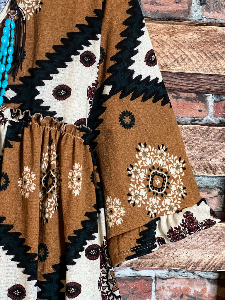 GENUINE SOUL COUNTRY AZTEC PRINT OVERSIZED TUNIC DRESS IN CAMEL
