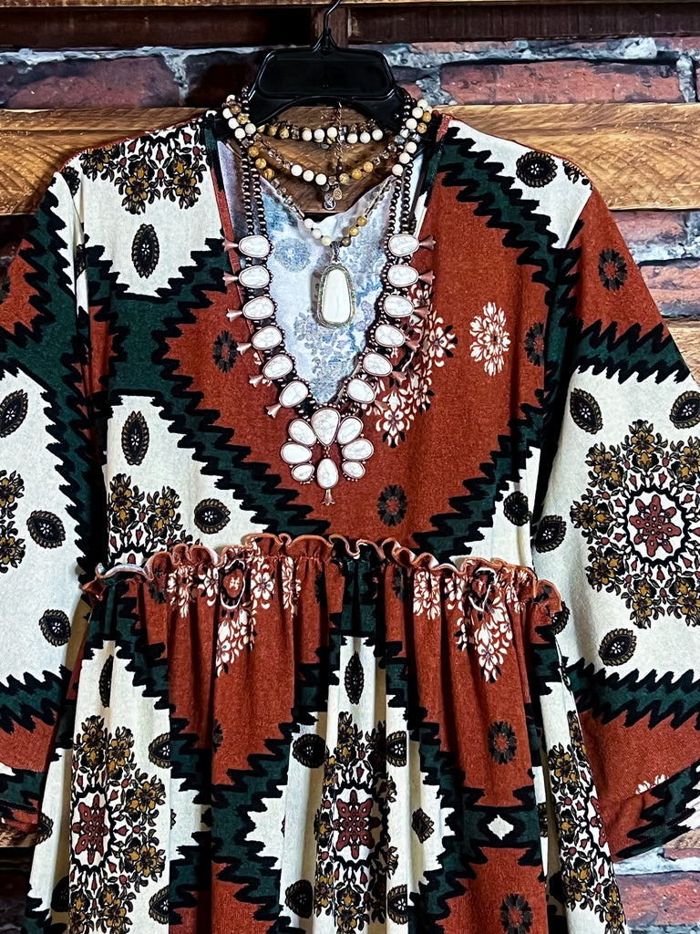 GENUINE SOUL COUNTRY AZTEC PRINT OVERSIZED TUNIC DRESS IN RUST