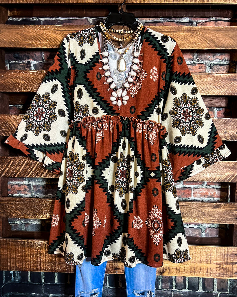 GENUINE SOUL COUNTRY AZTEC PRINT OVERSIZED TUNIC DRESS IN RUST-------SALE