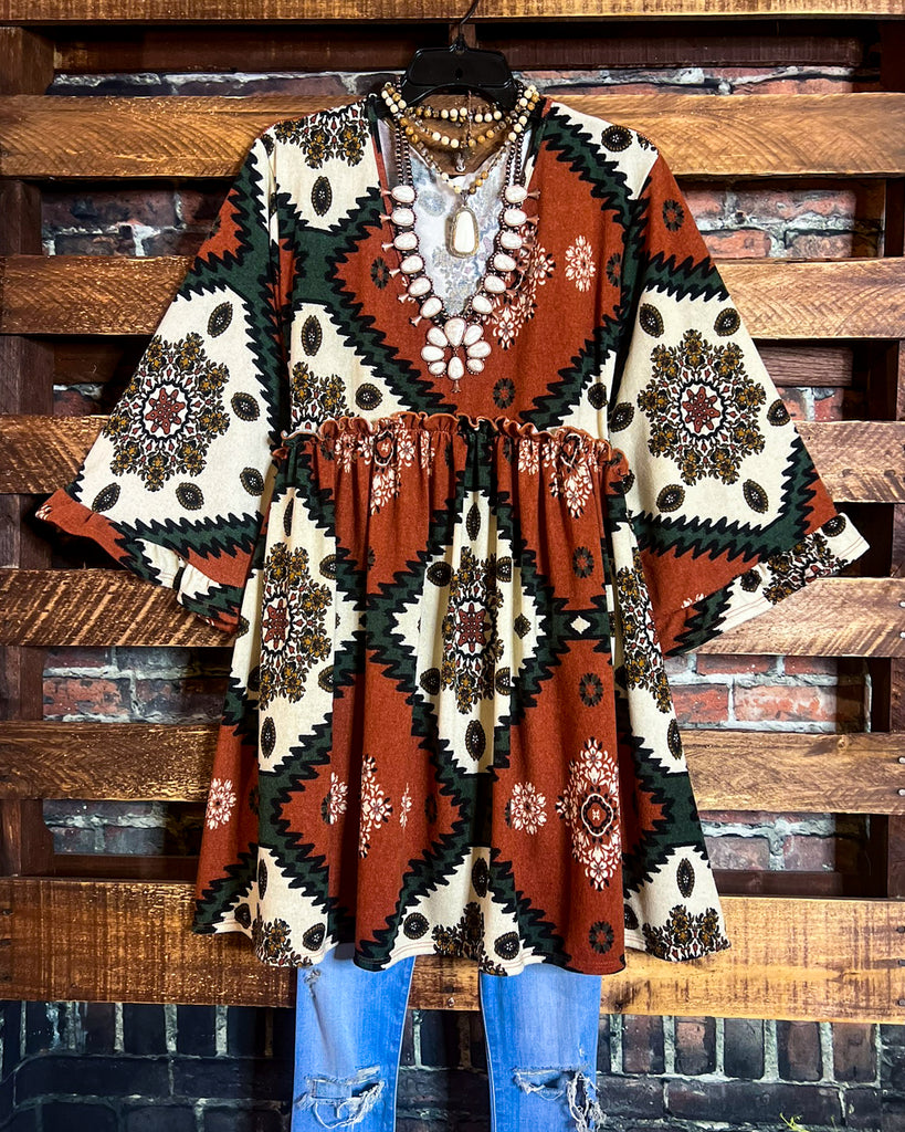 GENUINE SOUL COUNTRY AZTEC PRINT OVERSIZED TUNIC DRESS IN RUST-------SALE