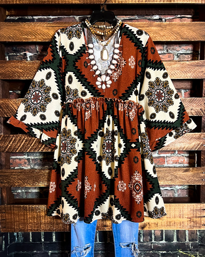 4X/5X - AZTEC PRINT OVERSIZED TUNIC DRESS IN RUST-------SALE