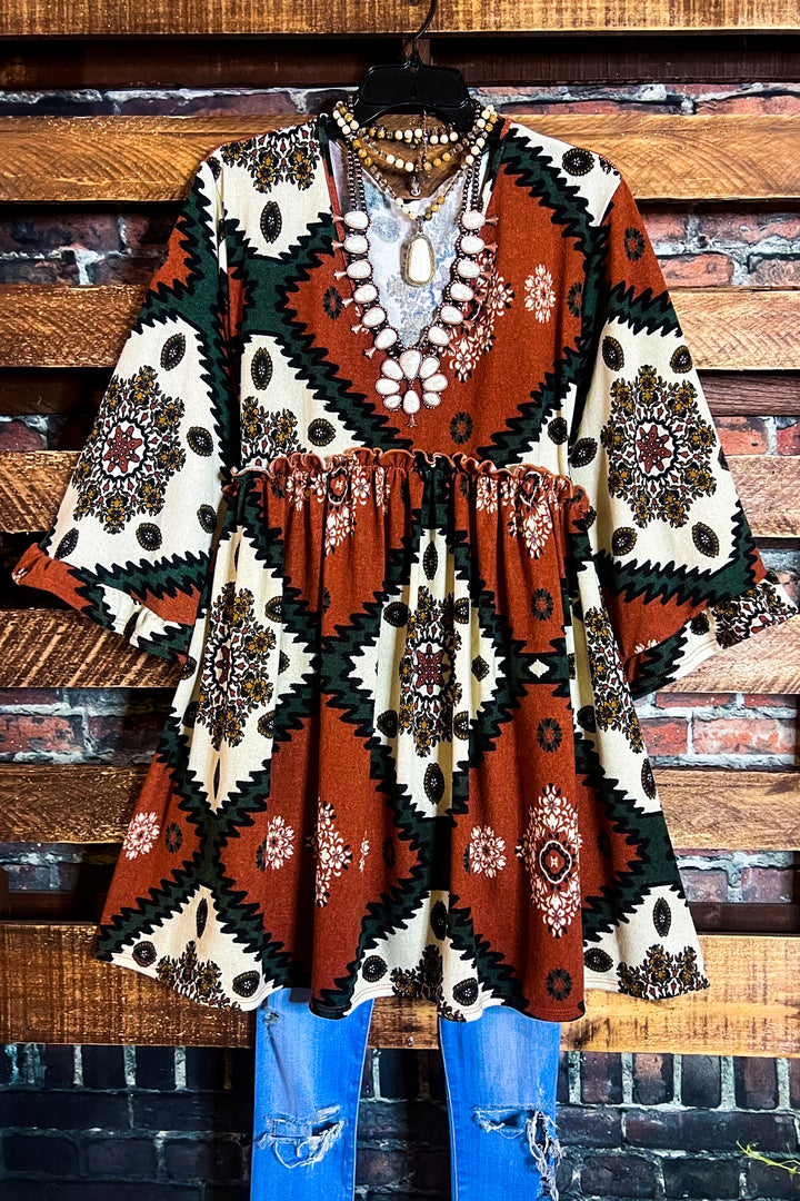 4X/5X - AZTEC PRINT OVERSIZED TUNIC DRESS IN RUST-------SALE