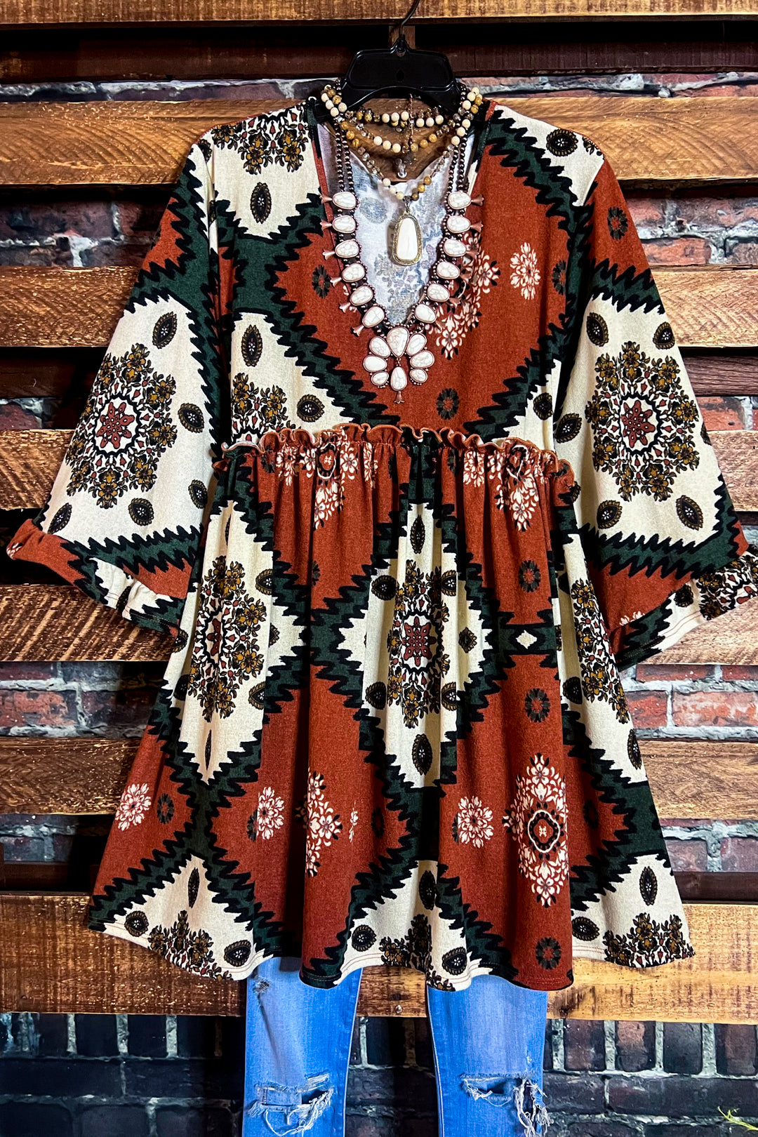 4X/5X - AZTEC PRINT OVERSIZED TUNIC DRESS IN RUST-------SALE
