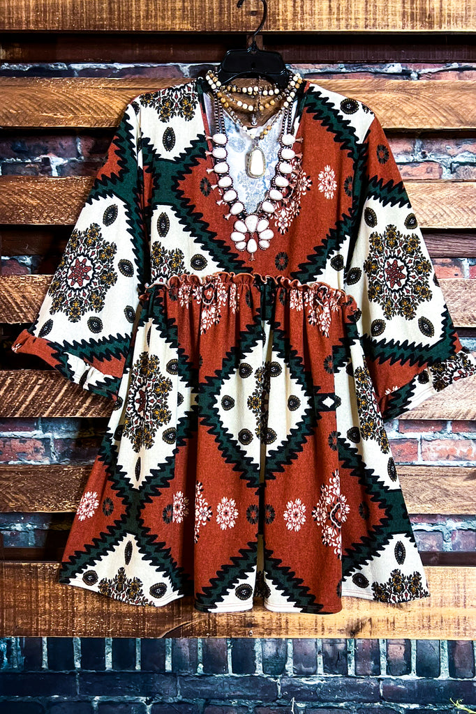 GENUINE SOUL COUNTRY AZTEC PRINT OVERSIZED TUNIC DRESS IN RUST