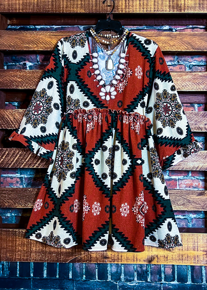 4X/5X - AZTEC PRINT OVERSIZED TUNIC DRESS IN RUST-------SALE