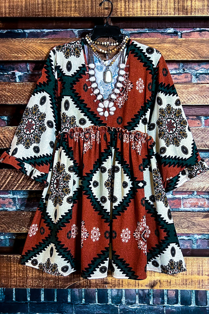 GENUINE SOUL COUNTRY AZTEC PRINT OVERSIZED TUNIC DRESS IN RUST