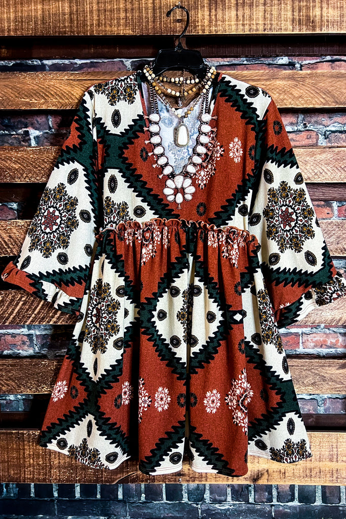 GENUINE SOUL COUNTRY AZTEC PRINT OVERSIZED TUNIC DRESS IN RUST-------SALE