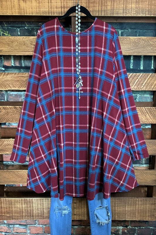 2X PLAID DRESS WITH POCKETS IN BURGUNDY-----------SALE