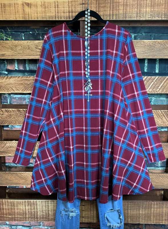 2X PLAID DRESS WITH POCKETS IN BURGUNDY-----------SALE