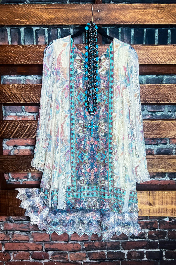Feel The Love Lace Layered Tunic in Turquoise Multi-Color