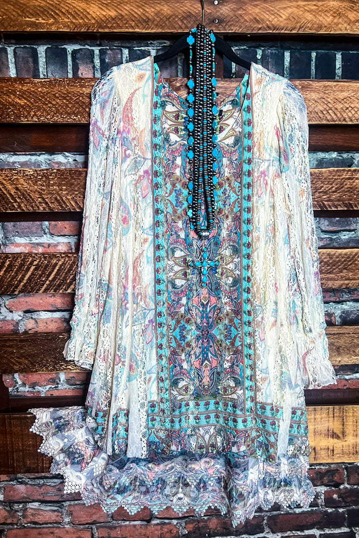Feel The Love Lace Layered Tunic in Turquoise Multi-Color
