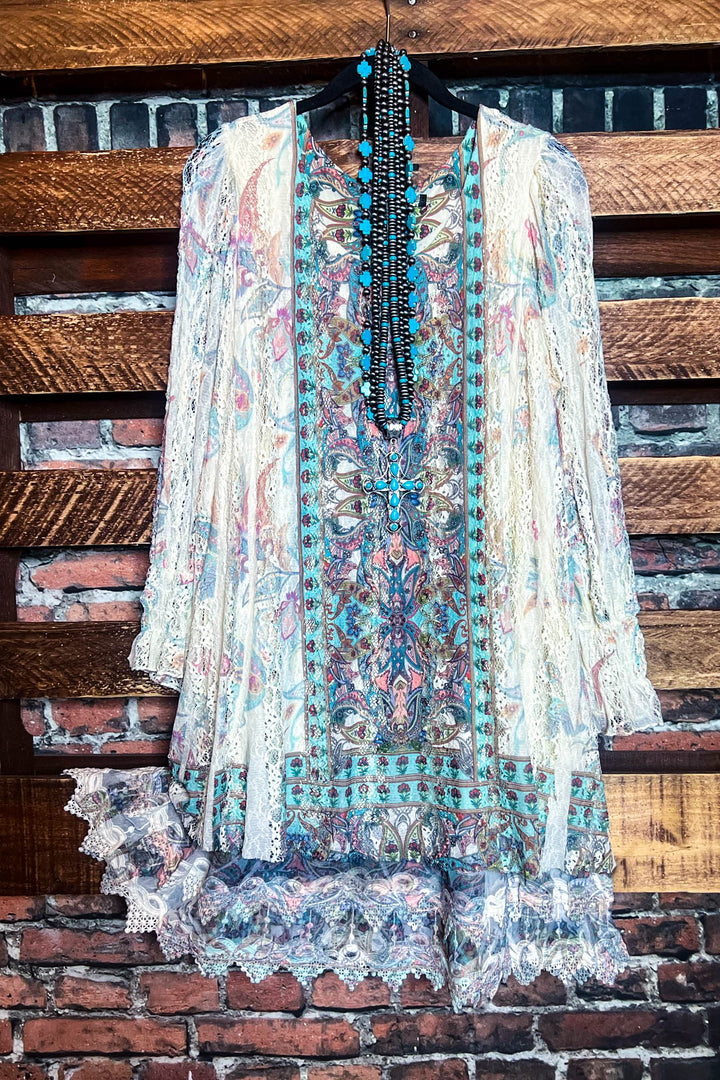 Feel The Love Lace Layered Tunic in Turquoise Multi-Color