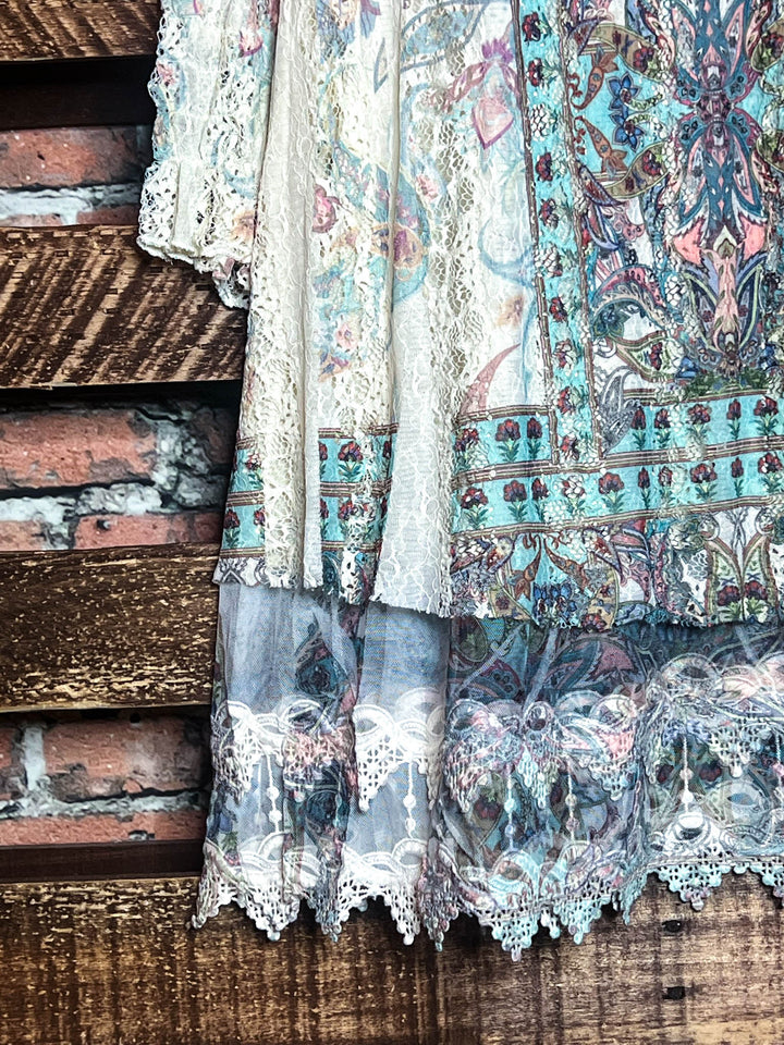 Feel The Love Lace Layered Tunic in Turquoise Multi-Color