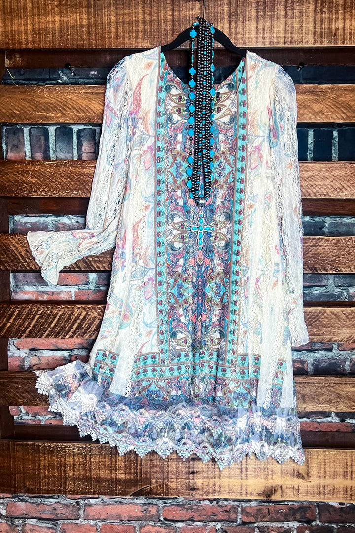 Feel The Love Lace Layered Tunic in Turquoise Multi-Color