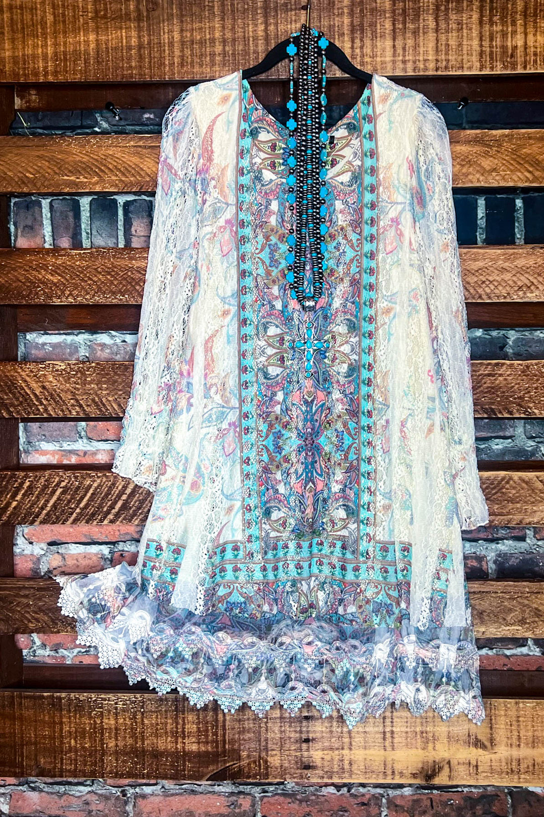 Feel The Love Lace Layered Tunic in Turquoise Multi-Color