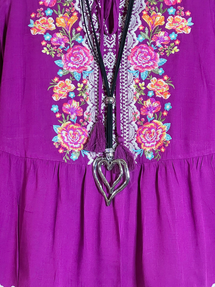 6-12 SALE - DARLING FLORAL EMBROIDERED TOP IN MAGENTA---------SALE