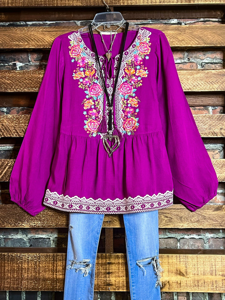 6-12 SALE - DARLING FLORAL EMBROIDERED TOP IN MAGENTA---------SALE