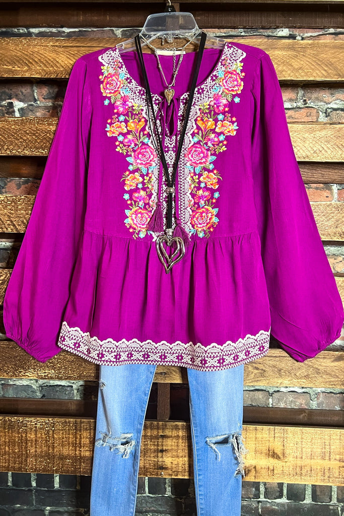 CHARMED DARLING MAGENTA EMBROIDERED TOP
