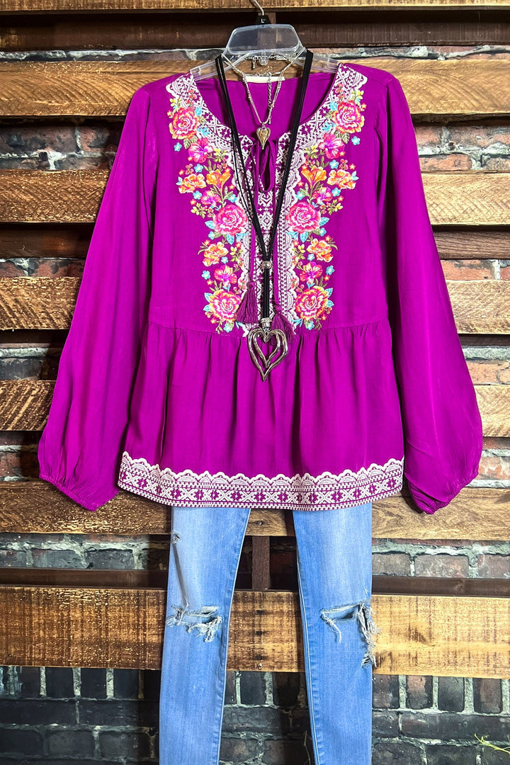6-12 SALE - DARLING FLORAL EMBROIDERED TOP IN MAGENTA---------SALE