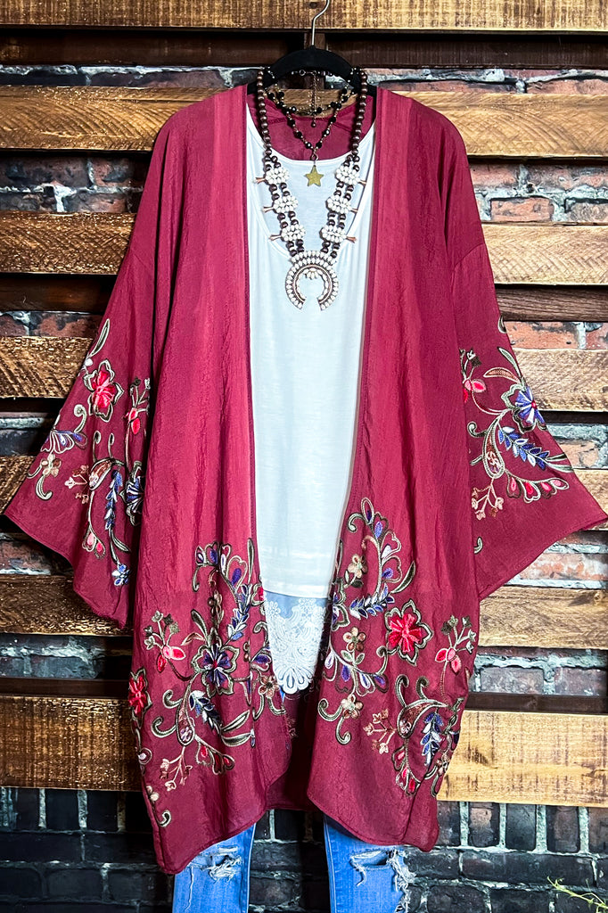 GO WITH GRACE PLUM FLORAL EMBROIDERED KIMONO
