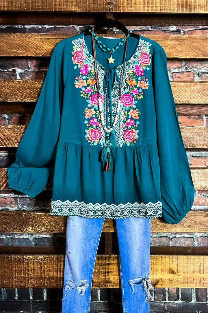 6-12 SIZE - DARLING FLORAL EMBROIDERED TOP IN TEAL--------SALE