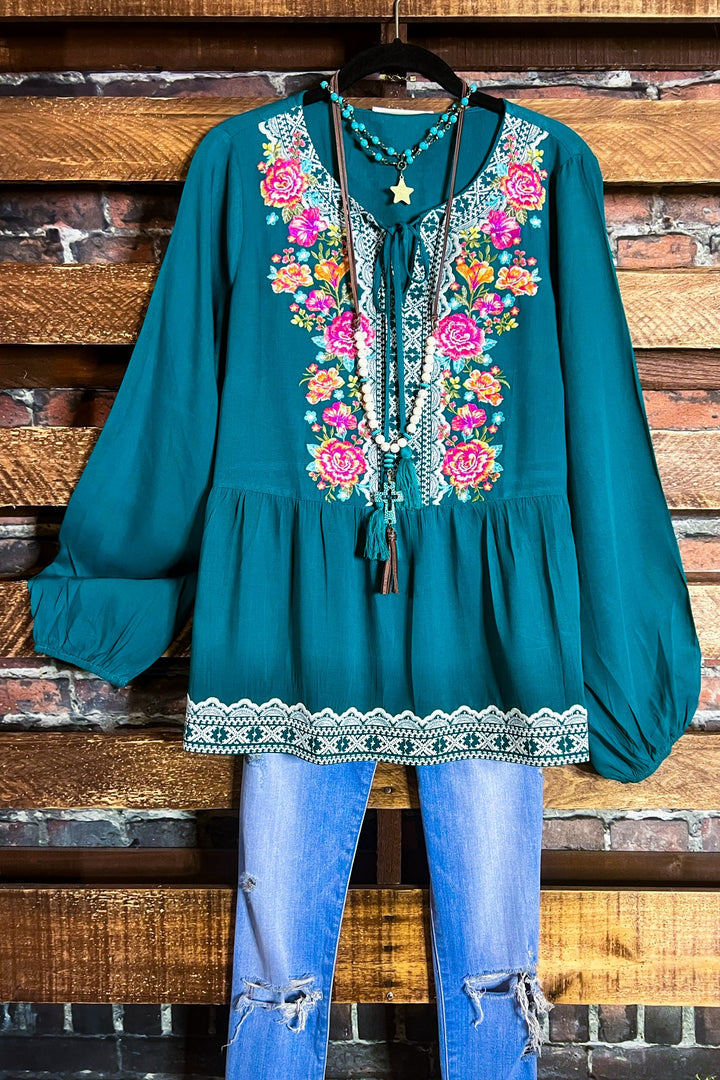 6-12 SIZE - DARLING FLORAL EMBROIDERED TOP IN TEAL--------SALE