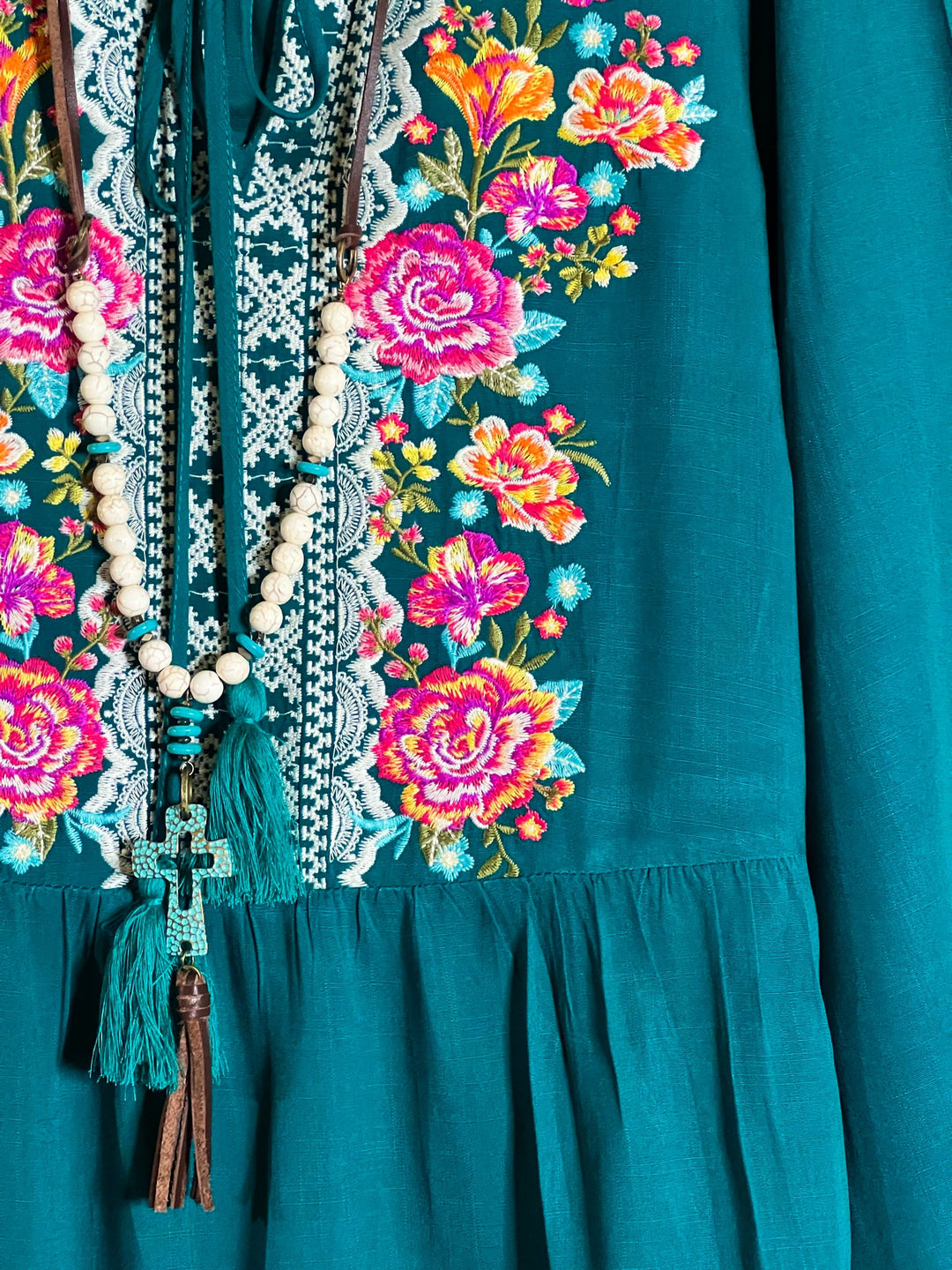 6-12 SIZE - DARLING FLORAL EMBROIDERED TOP IN TEAL--------SALE