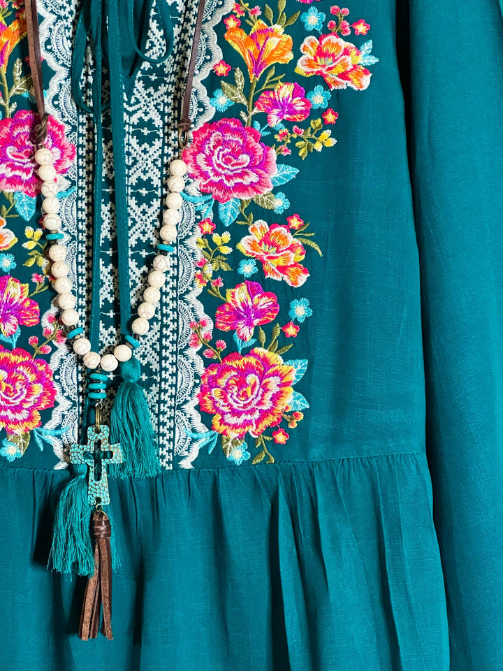 6-12 SIZE - DARLING FLORAL EMBROIDERED TOP IN TEAL--------SALE
