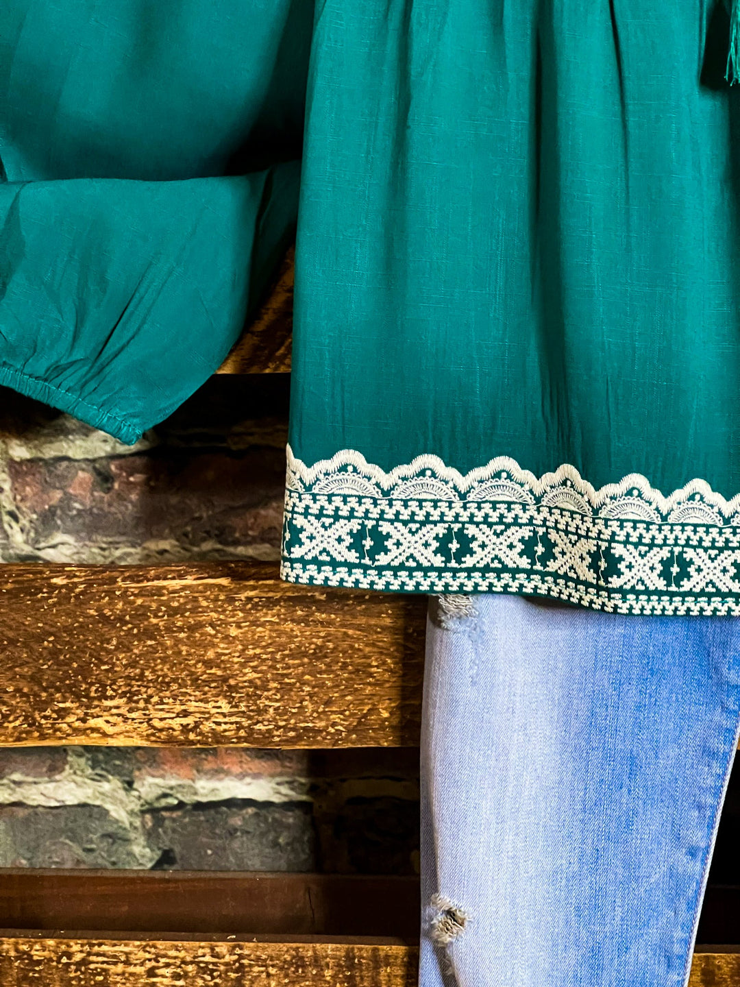 6-12 SIZE - DARLING FLORAL EMBROIDERED TOP IN TEAL--------SALE