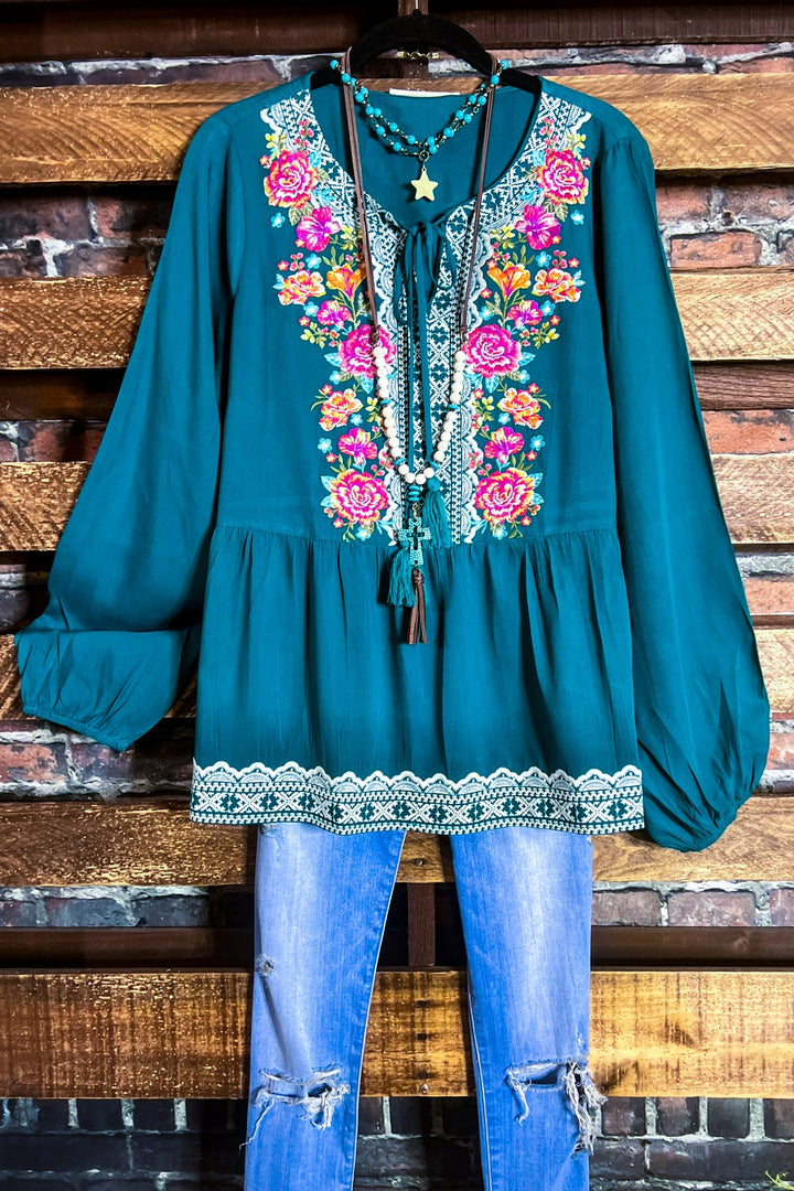 6-12 SIZE - DARLING FLORAL EMBROIDERED TOP IN TEAL--------SALE