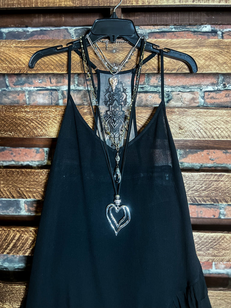 SECRET LOVE TATTOO EMBROIDERY BLACK SLIP EXTENDER DRESS