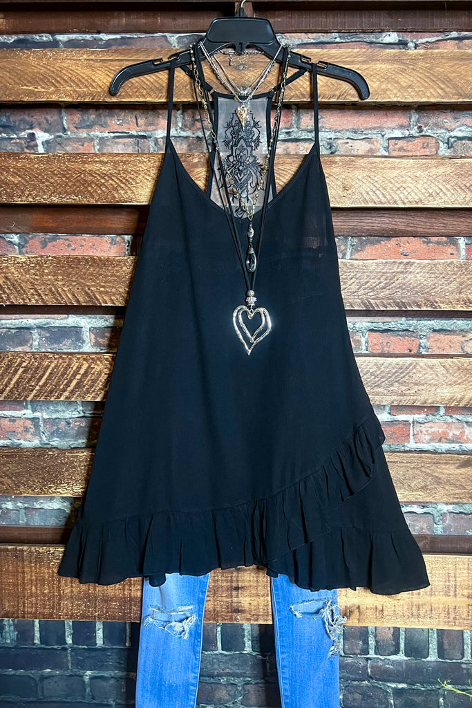 SECRET LOVE TATTOO EMBROIDERY BLACK SLIP EXTENDER DRESS