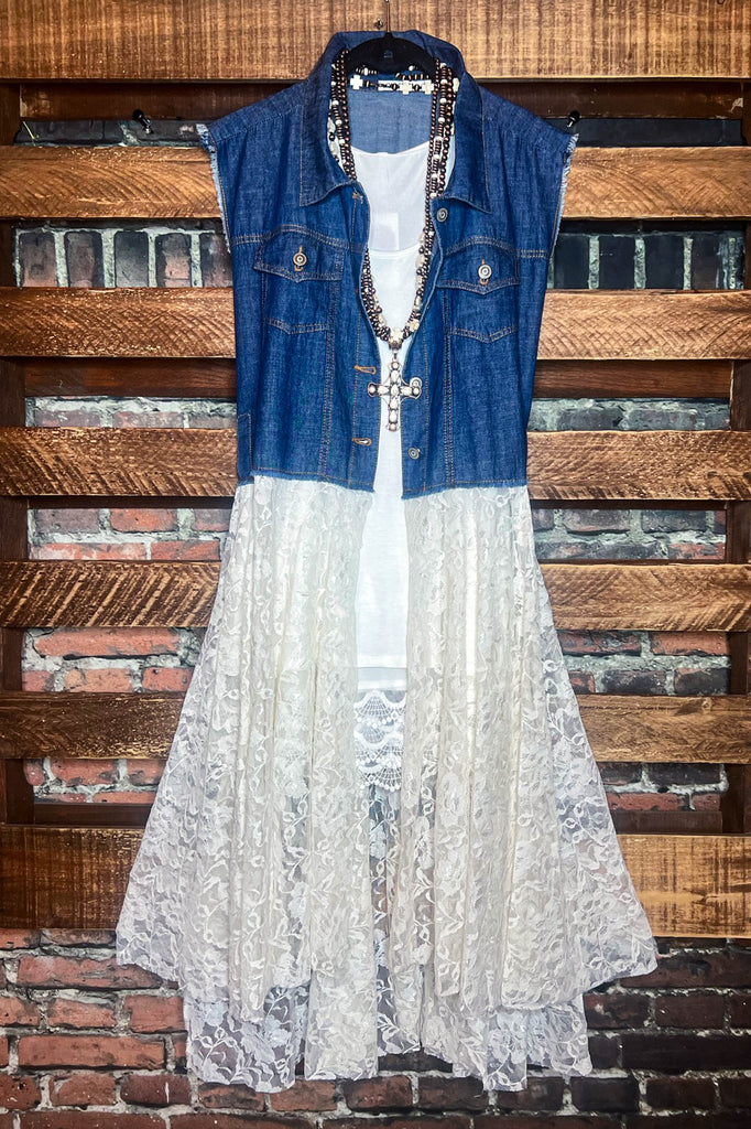 NEVER OUT OF STYLE LACE & DENIM VEST
