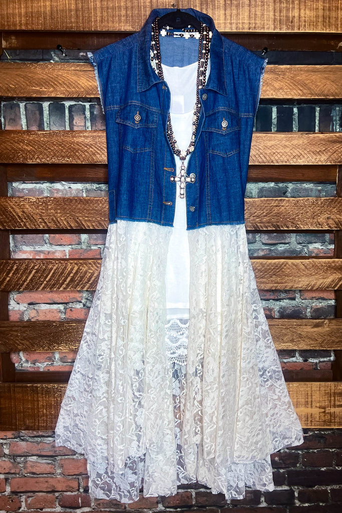 NEVER OUT OF STYLE LACE & DENIM VEST