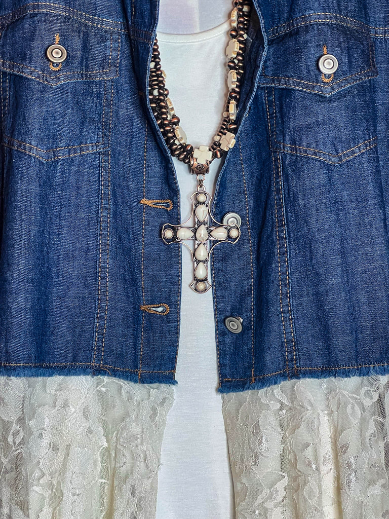 NEVER OUT OF STYLE LACE & DENIM VEST