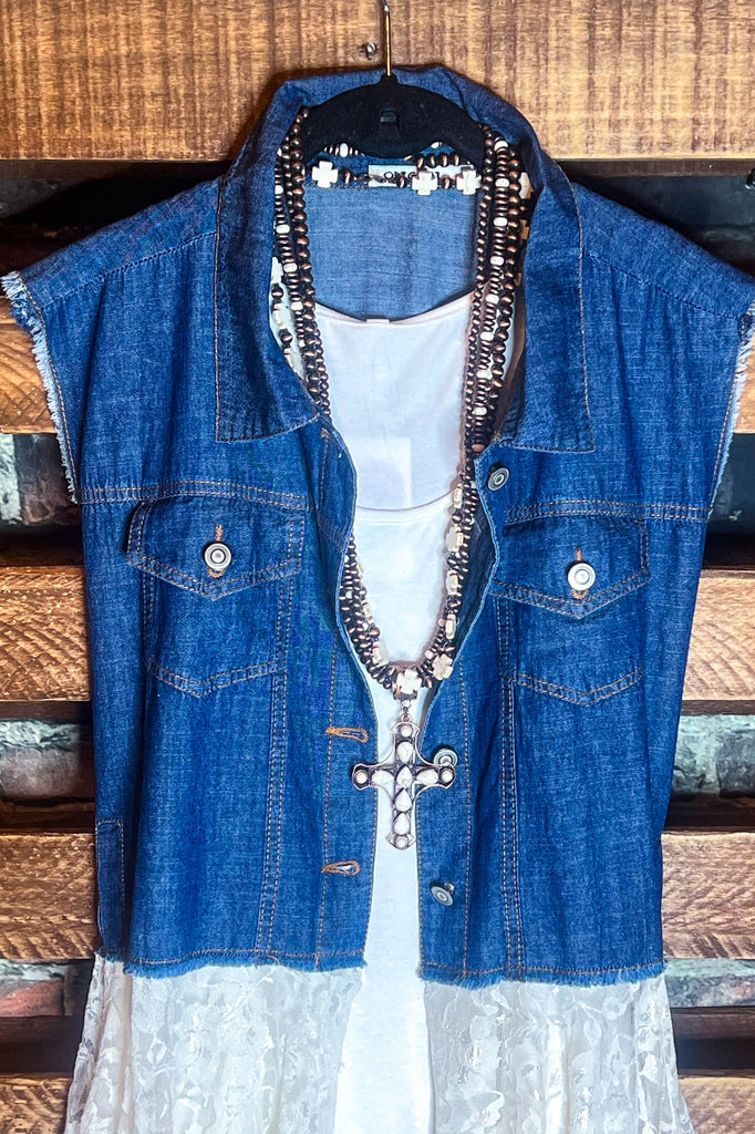 NEVER OUT OF STYLE LACE & DENIM VEST