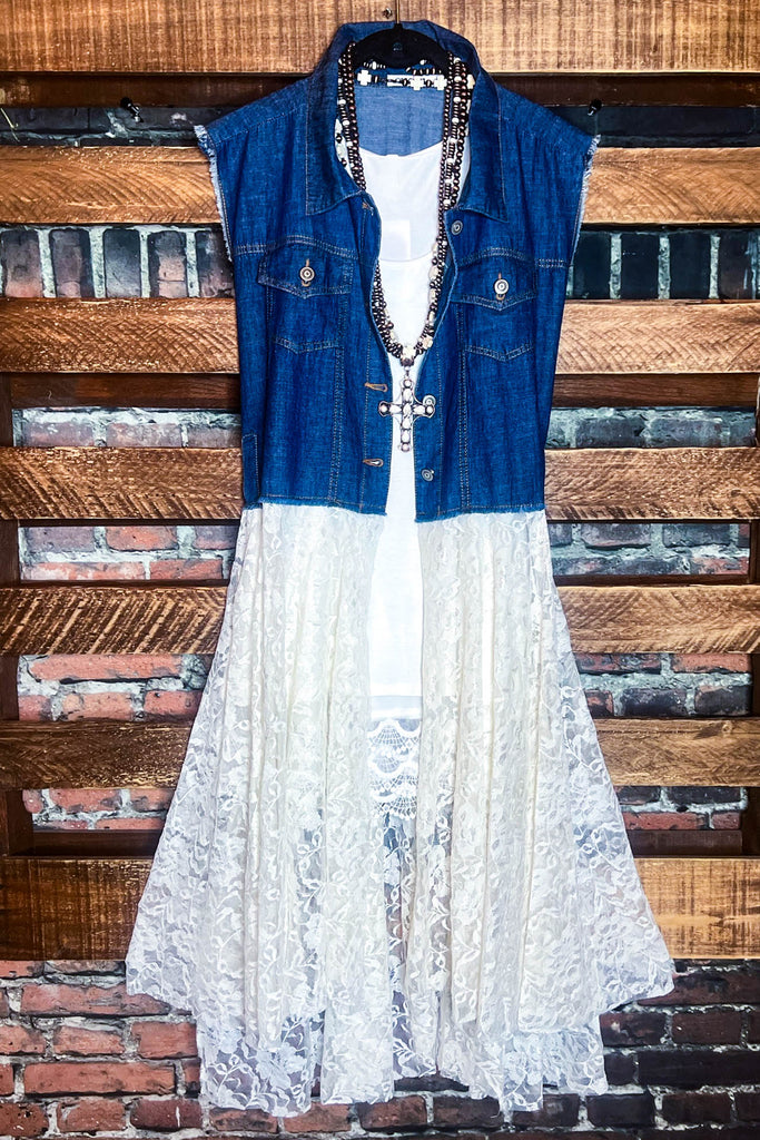 NEVER OUT OF STYLE LACE & DENIM VEST