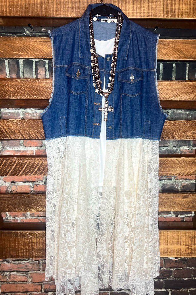 NEVER OUT OF STYLE LACE & DENIM VEST