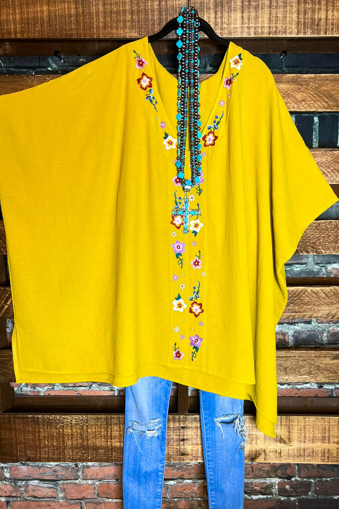 EVERYDAY MUSE EMBROIDERED OVERSIZED PONCHO TUNIC IN MUSTARD----------SALE