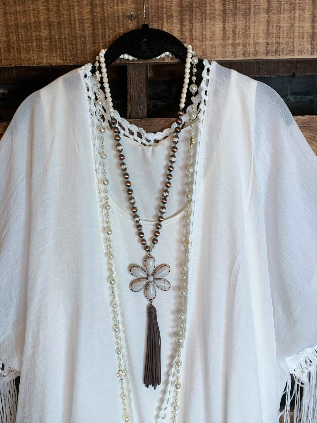 LIVING FREE BOHO CROCHET FRINGE KIMONO IN OFF-WHITE