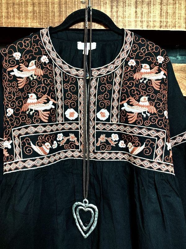 GYPSY NYGHT HIPPIE CHIC OVERSIZED EMBROIDERED BABYDOLL DRESS IN BLACK