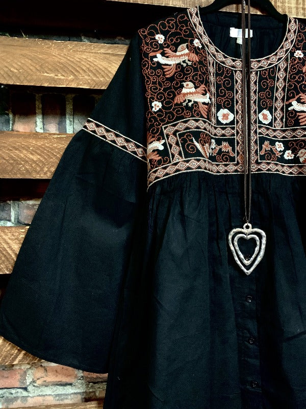 GYPSY NYGHT HIPPIE CHIC OVERSIZED EMBROIDERED BABYDOLL DRESS IN BLACK